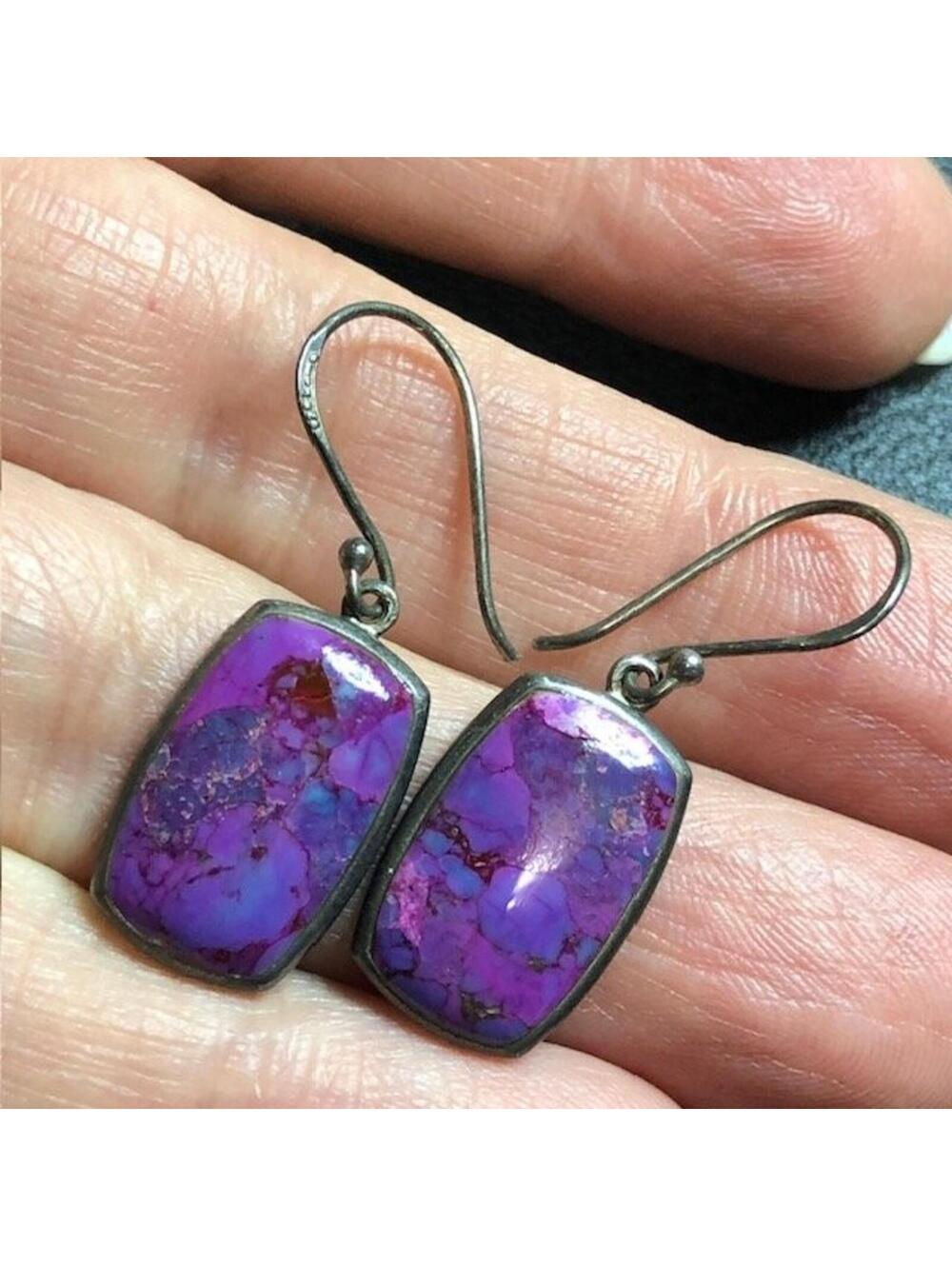 B3410 Boma Dangle Earrings Sterling Silver Purple Turquoise 34mm